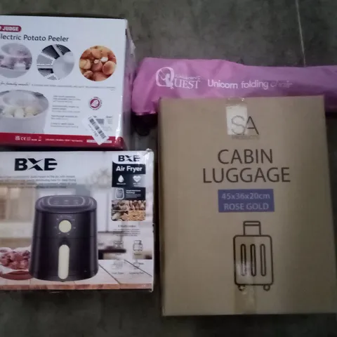 PALLET OF ASSORTED ITEMS INCLUDING CABIN LUGGAGE, AIR FRYER, ELECTRIC POTATO PEELER, UNICORN FOLDING CHAIR, INDOOR INSECT KILLER 