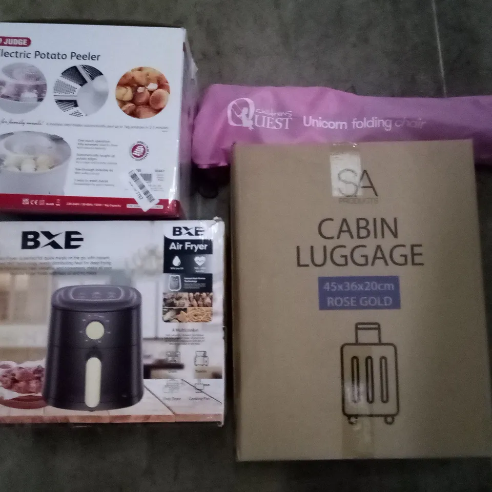PALLET OF ASSORTED ITEMS INCLUDING CABIN LUGGAGE, AIR FRYER, ELECTRIC POTATO PEELER, UNICORN FOLDING CHAIR, INDOOR INSECT KILLER 