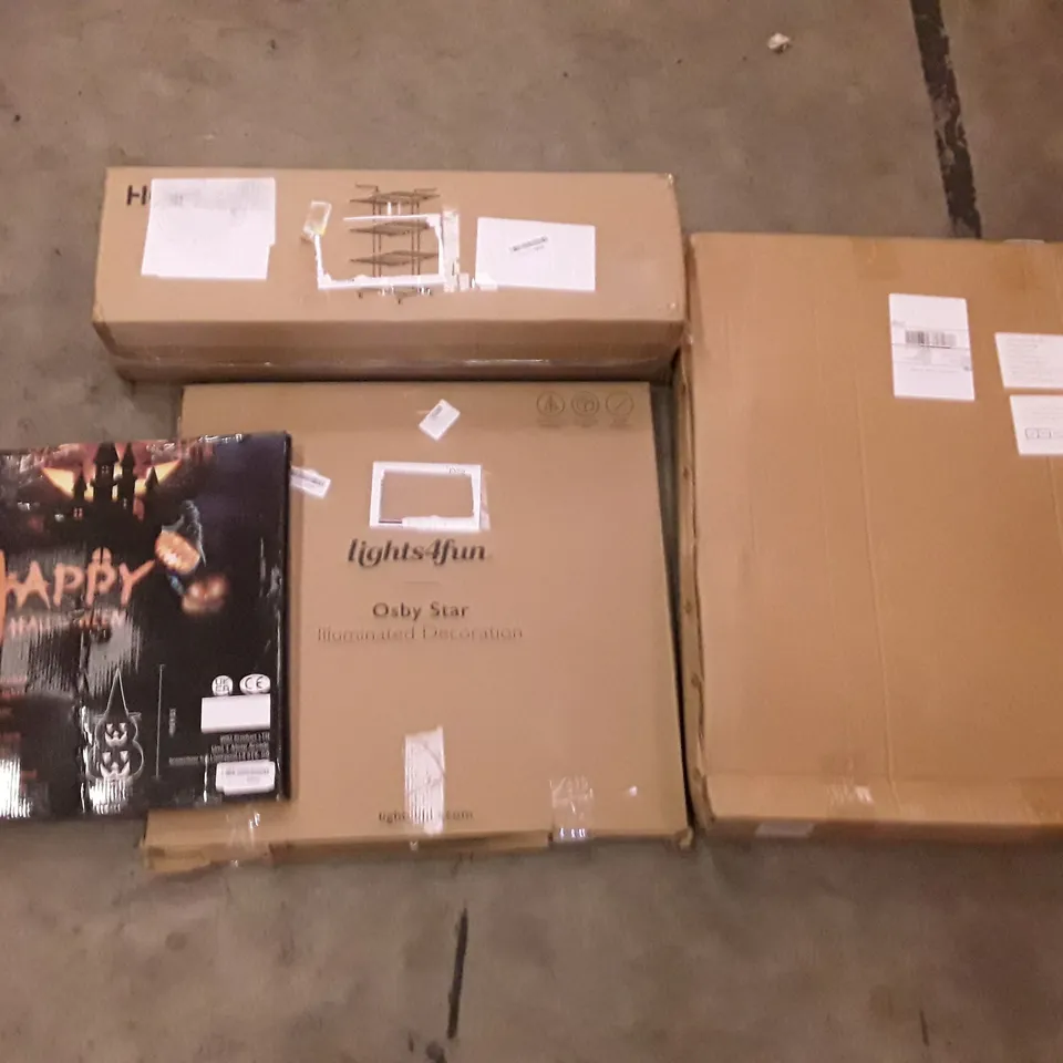 PALLET OF ASSORTED PRODUCTS INCLUDING HOMIDEC DRYING RACK, HALLOWEEN LED DECORATIONS, OSBY STAR ILLUMINATED DECOR, 3 BIKE TRUNK MOUNT  