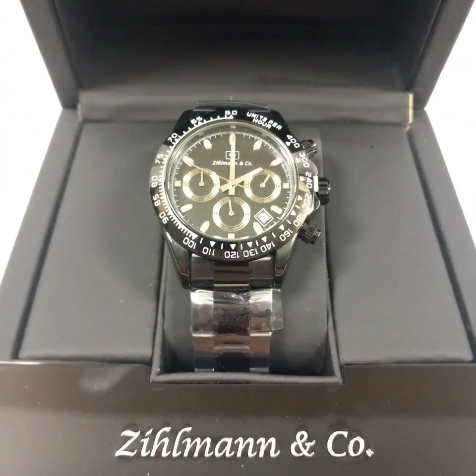 MENS ZIHLMANN & Co Z400 WATCH – CHRONOGRAPH MOVEMENT – BLACK STAINLESS STEEL STRAP – BLACK DIAL – 3ATM WATER RESISTANT