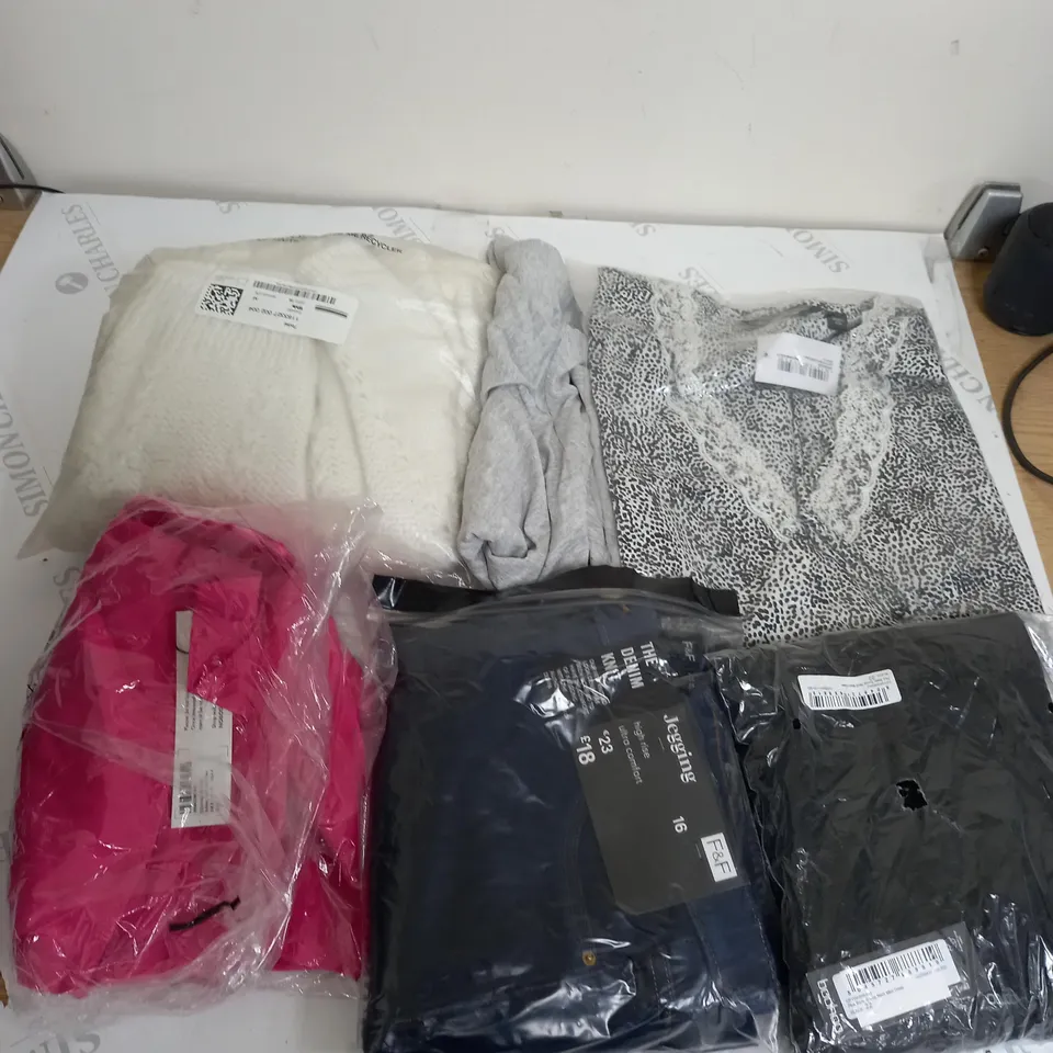 LARGE BOX OF ASSORTED CLOTHING ITEMS IN VARIOUS COLOURS AND SIZES INCLUDING TROUSERS , TOPS AND JUMPERS 