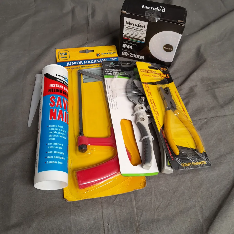 APPROX 20 ASSORTED HOUSEHOLD ITEMS TO INCLUDE J&D 150MM PLIERS, BOND IT INSTANT GRAB FILLING ADHESIVE AND SHARK TUFF ALUMINIUM SECATEURS 