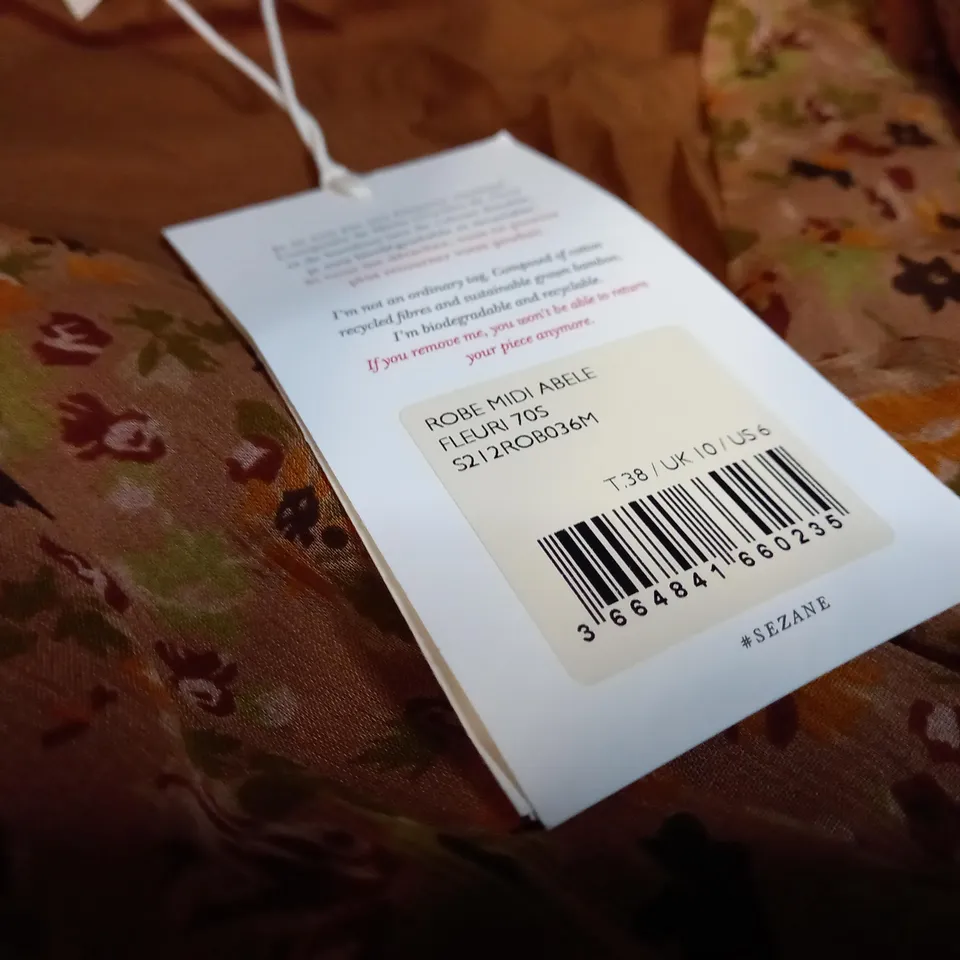SEZANE COFFEE DITSY 70'S INSPIRED MIDI DRESS - SIZE 10