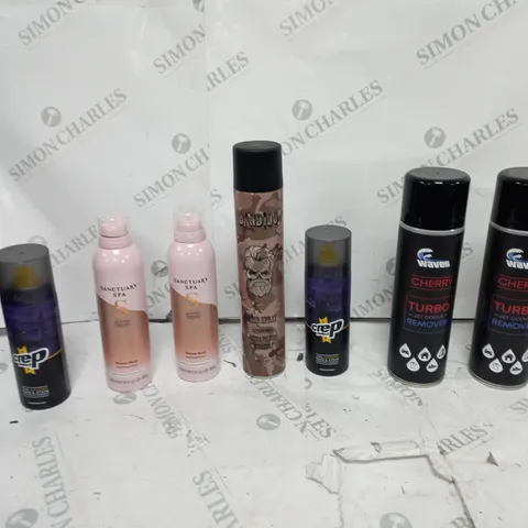APPROXIMATELY 15 ASSORTED AEROSOLS TO INCLUDE CREP PROTECT, SANCTUARY SPA SHOWER BURST AND WAVES CHARRY ETC.