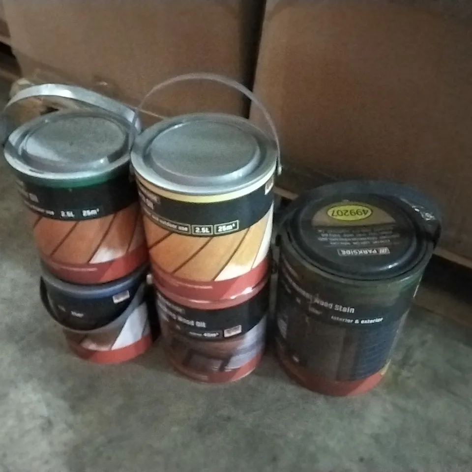 PALLET OF ASSORTED TUBS OF WOOD OIL, STAINS ETC