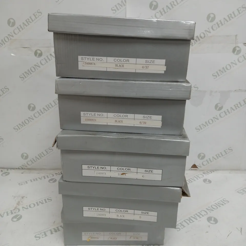 5 BOXED PAIRS OF CASANDRA PLATFORM HEELS IN BLACK VARIOUS SIZES TO INCLUDE SIZES 3, 4, 5, 6