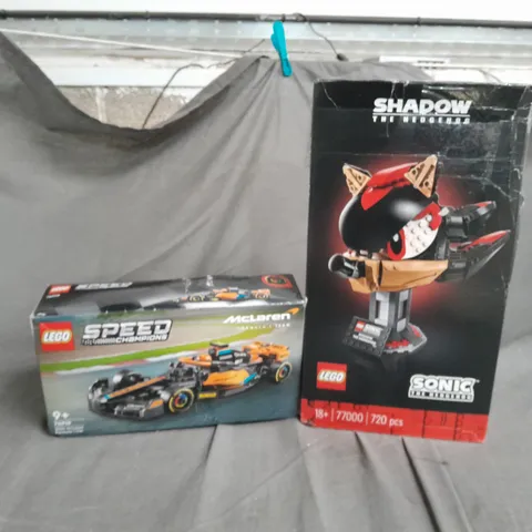 2 LEGO TOYS TO INCLUDE SHADOW THE HEDGEHOG 77000 AND SPEED CHAMPIONS 2023 MCLAREN FORMULA 1 CAR 76919