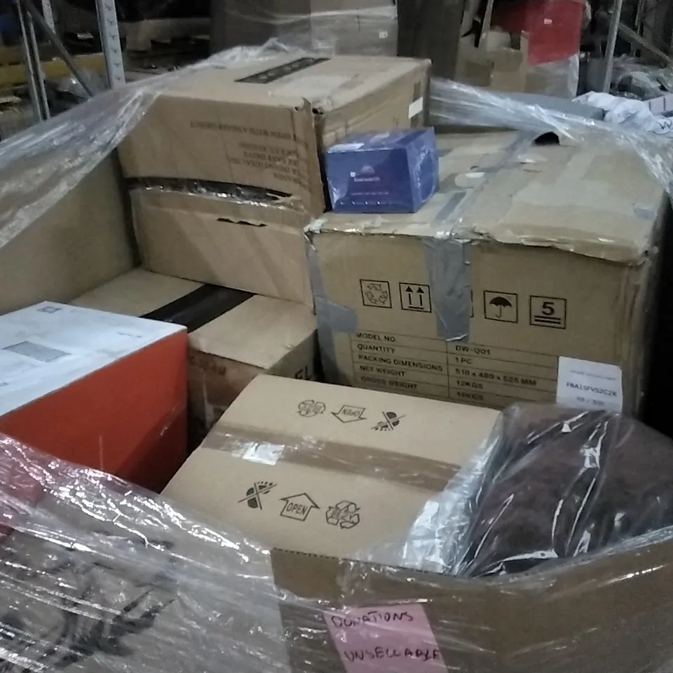 PALLET OF ASSORTED ITEMS INCLUDING SUNDEE TOILET SEAT, TOKESHIMI KITCHEN FAUCET, ELECTRIC FRYER, STORAGE OTTOMAN, KALAMITICA MAGNETIC SYSTEM, SIMDER MIG WELDER 