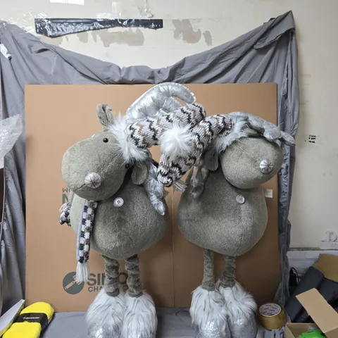 PAIR OF LARGE PLUSH MOOSE WITH KNIT SCARVES, GREY (DECORATIVE SOFT TOYS) RAINDEERS CHRISTMAS FIGURES . DECORATIVE .