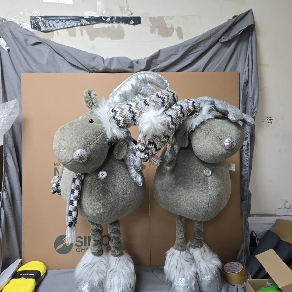 PAIR OF LARGE PLUSH MOOSE WITH KNIT SCARVES, GREY (DECORATIVE SOFT TOYS) RAINDEERS CHRISTMAS FIGURES . DECORATIVE .