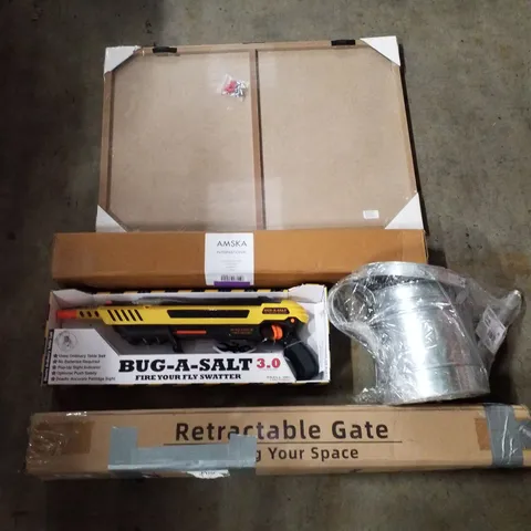 PALLET CONTAINING ASSORTED PRODUCTS INCLUDING RETRACTABLE GATE, 5L GALVANISED WATERING CANS, BUG SALT GUN, STAIR CARPET RODS, CORK PINBOARD