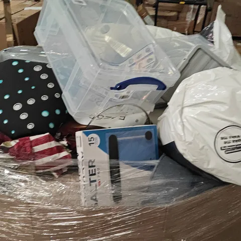 PALLET OF ASSORTED HOUSEHOLD GOODS AND PRODUCTS TO INCLUDE;PILLOWS,MOP BUCKET,PRAM, STORAGE BOXES,DUVET,BLANKET, WEIGHT SCALES