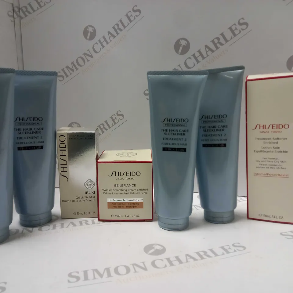 BOX OF APPROX 10 ASSORTED SHISEIDO PRODUCTS TO INCLUDE THE HAIRCARE TREATMENT 2, WRINKLE SMOOTHING CREAM, TREATMENT SOFTENER, ETC 