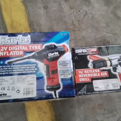 BOX OF ASSORTED ITEMS TO INCLUDE;CLARKE 12V DIGITAL TYRE INFLATOR,KEYLESS REVERSIBLE AIR DRILL