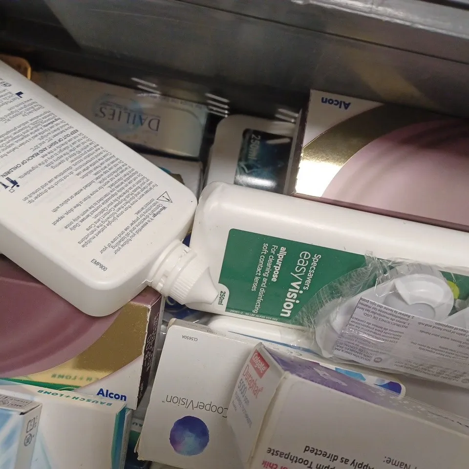 BOX OF APPROX 25 ASSORTED CONTACT LENSES AND SOLUTIONS 