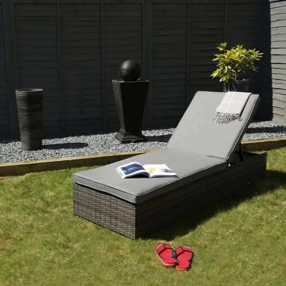 BOXED RATTAN EFFECT LOUNGER WITH ADJUSTABLE BACK - GREY (1 BOX)