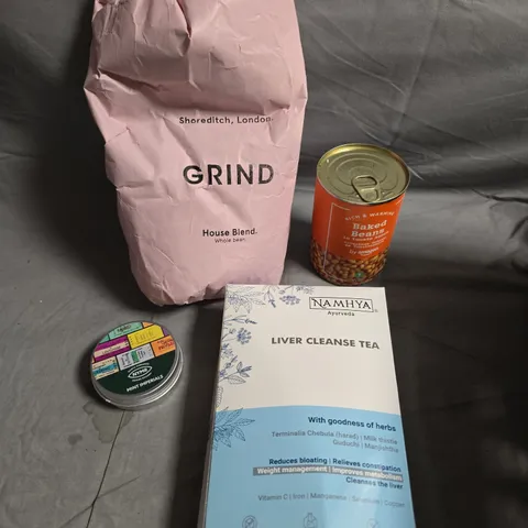 APPROXIMATELY 10 ASSORTED FOOD/DRINK PRODUCTS TO INCLUDE GRIND COFFEE, BAKED BEANS, LIVER CLEANSE TEA ETC 
