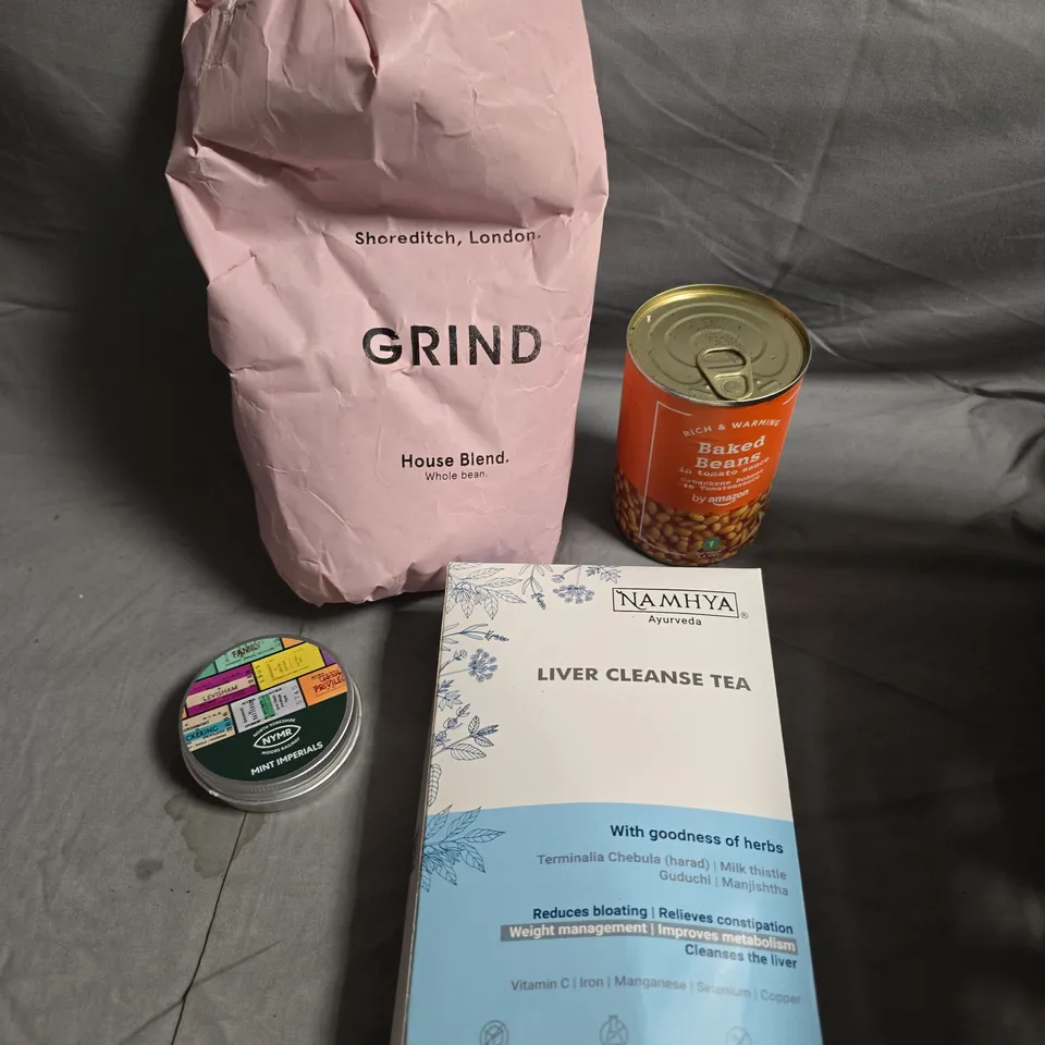 APPROXIMATELY 10 ASSORTED FOOD/DRINK PRODUCTS TO INCLUDE GRIND COFFEE, BAKED BEANS, LIVER CLEANSE TEA ETC 