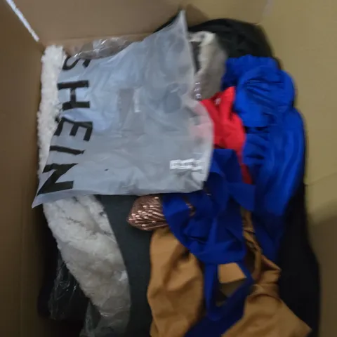 LARGE BOX OF ASSORTED CLOTHING ITEMS IN VARIOUS SIZES, STYLES AND COLOUR 