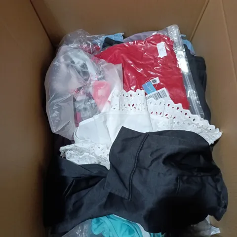 BOX OF APPROXIMATELY 20 ASSORTED CLOTHING ITEMS IN VARIOUS COLOURS, STYLES AND SIZES