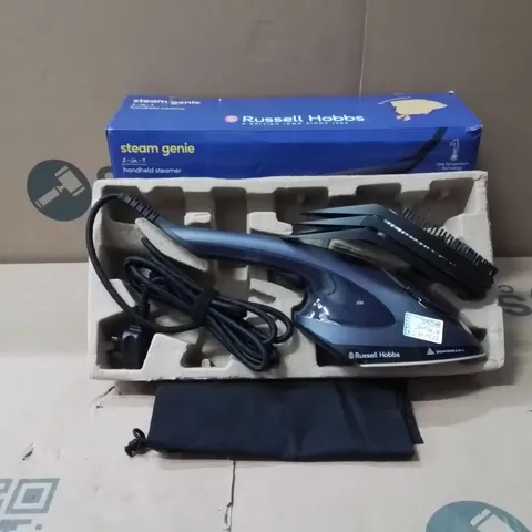 BOXED RUSSELL HOBBS STEAM GENIE 2-IN-1 28370 HANDHELD GARMENT STEAMER - BLUE / ROSE GOLD