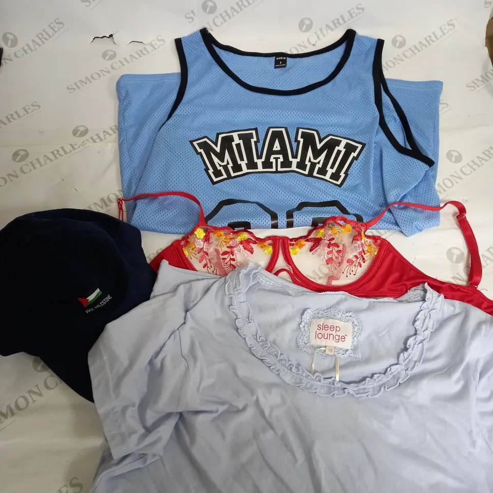 BOX OF APPROXIMATELY 25 ASSORTED CLOTHING ITEMS TO INCUDE - JERSEY , BRA, HAT - ETC