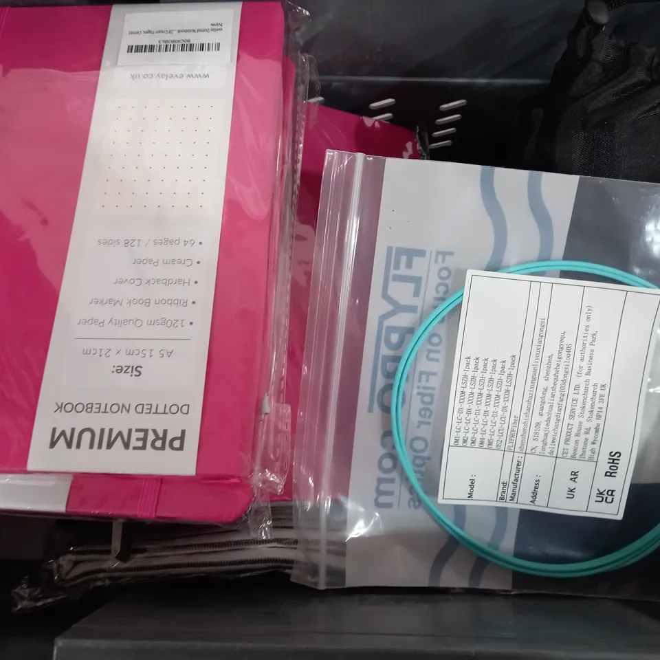 BOX OF APPROXIMATELY 10 ASSORTED ITEMS TO INCLUDE - PREMIUM DOTTED NOTEBOOK - GTECH MULTI AIR FILTER - FIBER OPTICS ECT