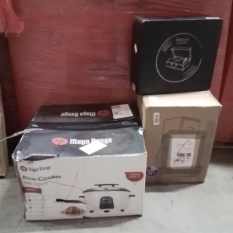 PALLET OF ASSORTED HOUSEHOLD GOODS AND PRODUCTS TO INCLUDE;RICE COOKER,AIR COOLER,RECORD PLAYER 
