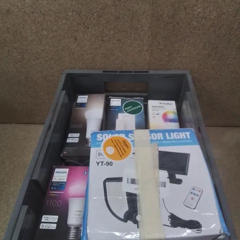 BOX OF ASSORTED BULBS AND LED LIGHTS TO INCLUDE; SOLAR SENSOR LIGHT, PHILIPS DIMMER SWITCH, PHILIPS HUE WHITE AND COLOUR AMBIANCE ETC