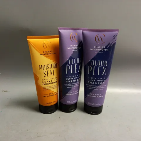 3 ASSORTED CHARLES WORTHINGTON HAIR PRODUCTS TO INCLUDE MOISTURE SEAL HAIR HEALER LEAVE IN CONDITIONER AND COLOUR PLEX TONING ULTRA VIOLET SHAMPOO 