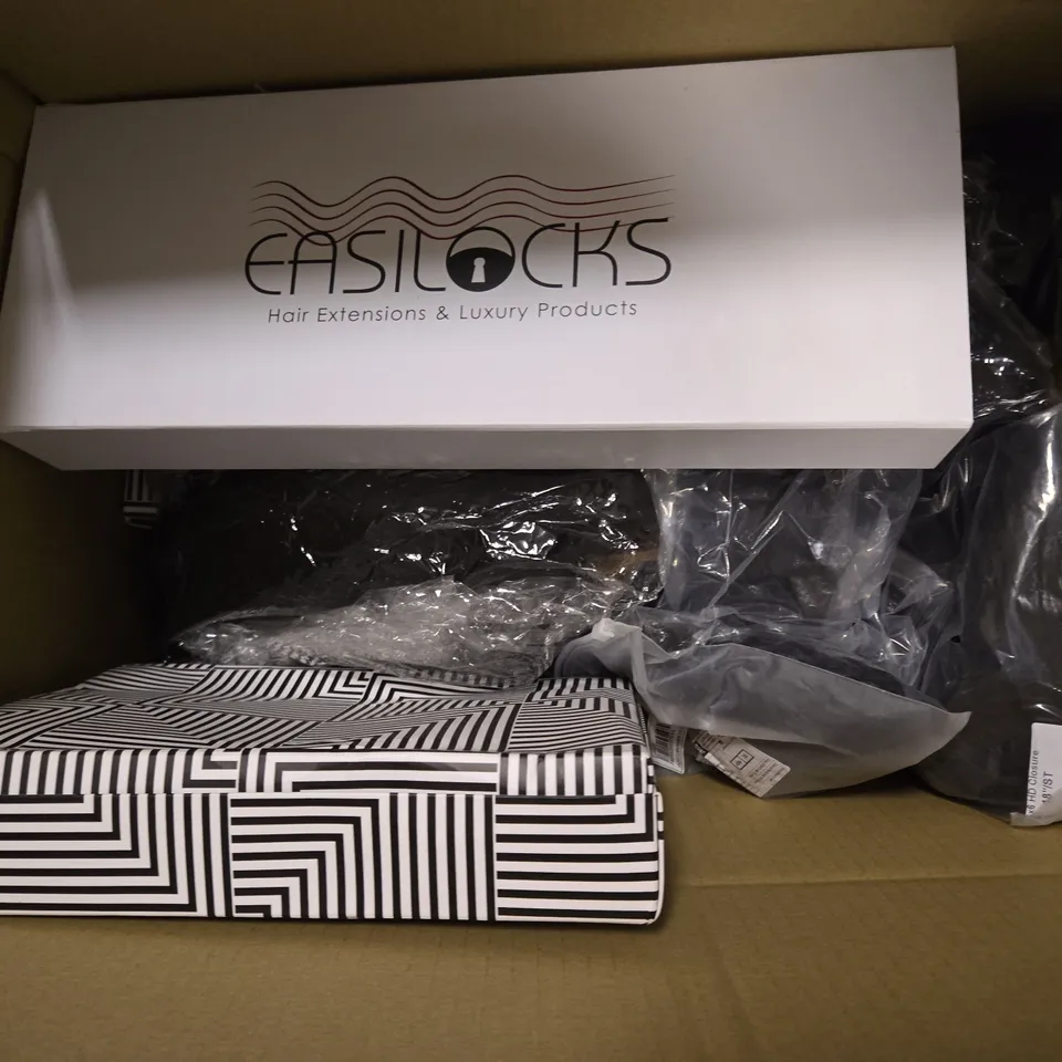 BOX OF APPROXMATELY 6 ASSORTED FAKE HAIR ITEMS IN VARIOUS COLOURS & SIZES 