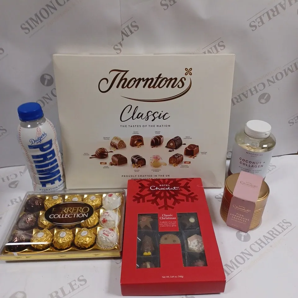 APPROXIMATELY 10 ASSORTED FOOD & DRINK PRODUCTS TO INCLUDE PRIME HYDRATION DRINK, THORNTONS CLASSIC SELECTION, FERRERO COLLECTION ETC 