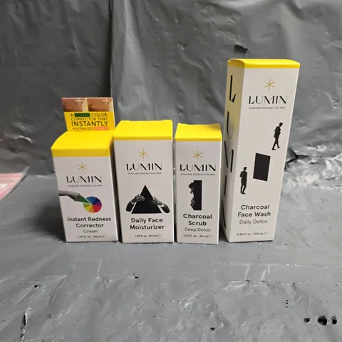 LUMIN LOT OF 4 ASSORTED SKINCARE PRODUCTS TO INCLUDE - DAILY FACE MOISTURIZER - CHARCOAL SCRUB - INSTANT REDNESS CORRECTOR - ETC