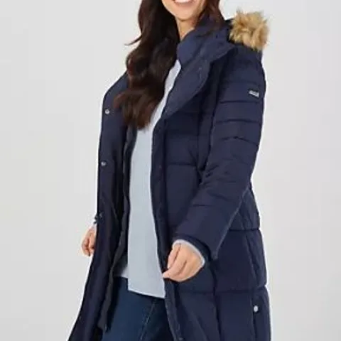 CENTIGRADE FAUX DOWN LONG LINE COAT WITH FAUX FUR TRIM HOOD IN NAVY SIZE M