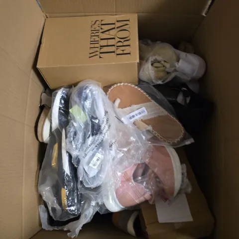 BOX OF APPROXIMATELY 12 PAIRS OF UNBOXED ASSORTED SHOES IN VARIOUS COLOUR, STYLES AND SIZES