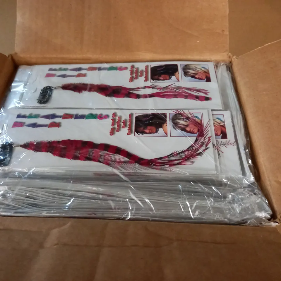 LOT OF APPROXIMATELY 288 CLIP AND GO FEATHER HAIR EXTENSIONS - RED