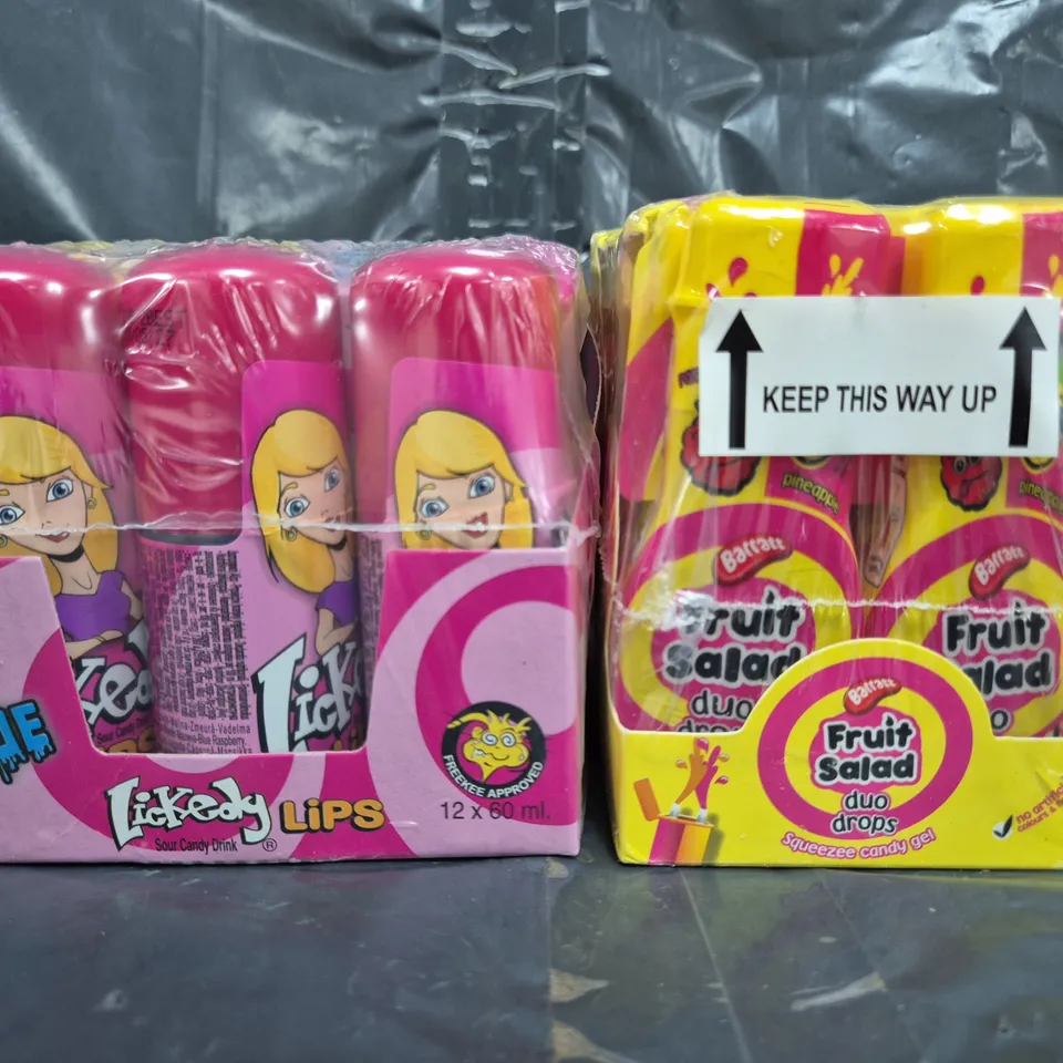 3 ASSORTED FOOD ITEMS TO INCLUDE FRUIT SALAD DUO DROPS MULTIPACK, LICKED LIPS MULTIPACK, ETC