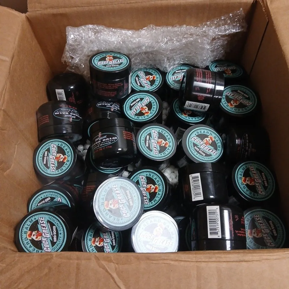 BOX OF APPROXIMATELY 50 X COCK GREASE BEARD BALM BIRD BOMB 50G