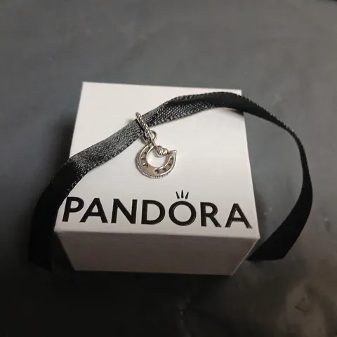 PANDORA CHARM BRACELET WITH SILVER HORSESHOE CHARM ON BLACK CORD