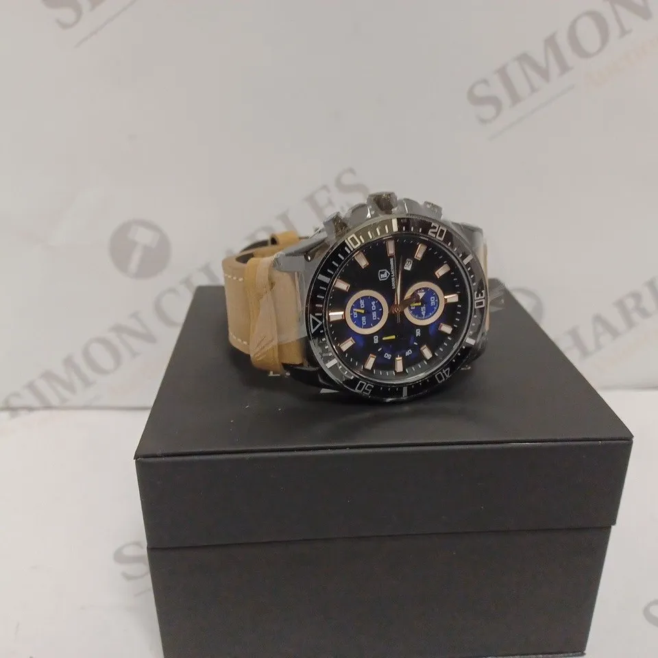 LOUIS LACOMBE MENS CHRONOGRAPH WATCH - BLACK STAINLESS STEEL CASE - LEATHER STRAP - 3ATM WATER RESISTANT - DISPLAY BOX