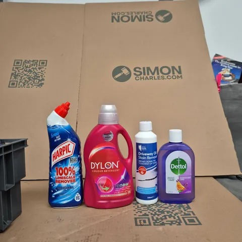 TOTE OF APPROXIMATELY 10 ASSORTED ITEMS INCLUDING HARPIC LIMESCALE REMOVER, DYLON COLOUR DETERGENT AND DETTOL DISINFECTANT LIQUID