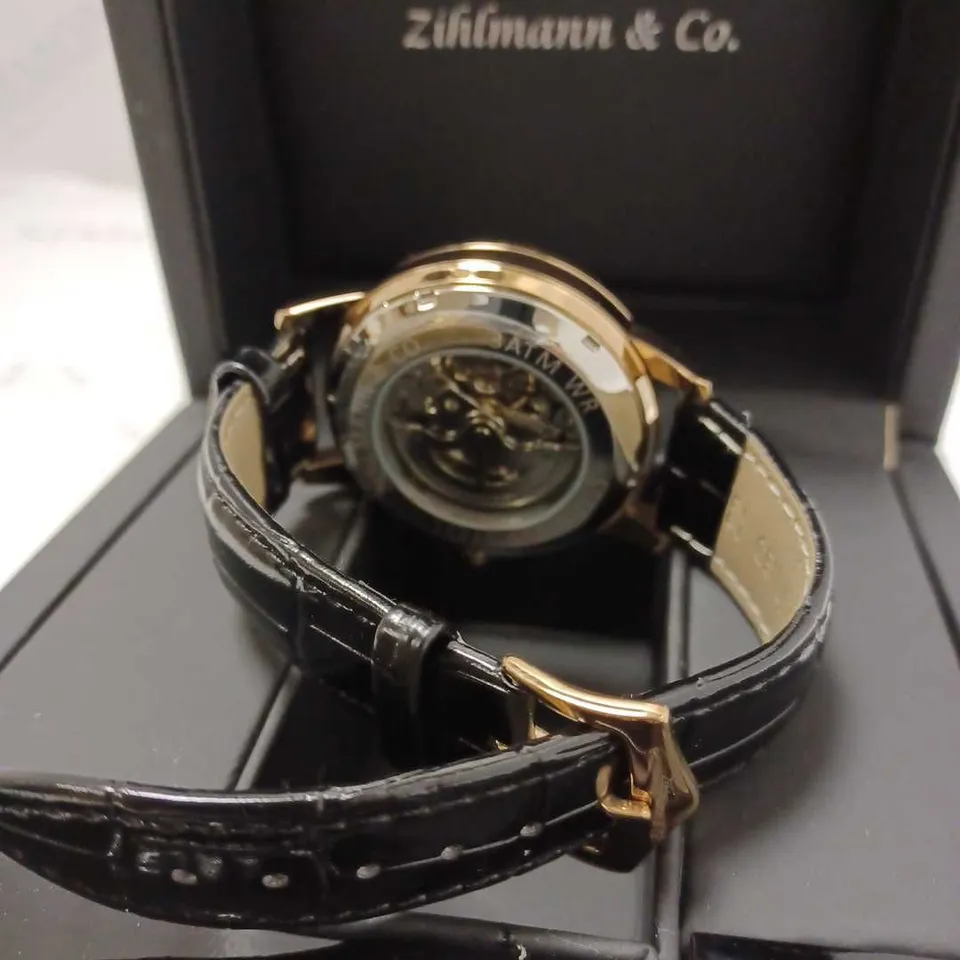 ZIHLMANN & CO GOLD EFFECT SKELETON BLACK LEATHER STRAP WRISTWATCH