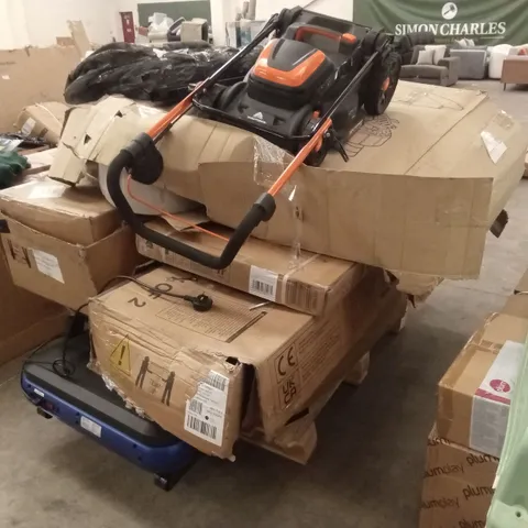 PALLET OF ASSORTED INCOMPLETE OR DAMAGED HOUSEHOLD GOODS AND PRODUCTS TO INCLUDE; LAWN MOWER, TREADMILL, TRAMPOLINE PARTS ETC