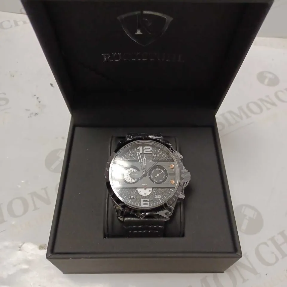 RUCKSTUHL TRIPLE DIAL BLACK LEATHER STRAP WRISTWATCH