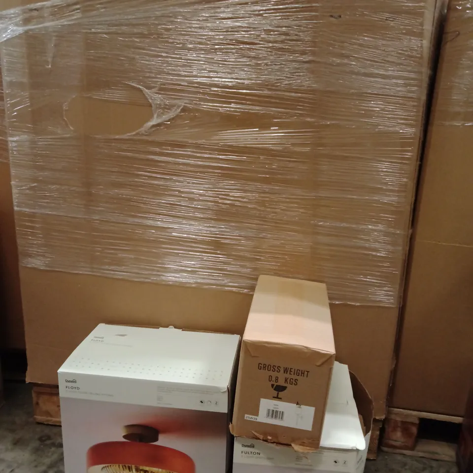PALLET OF ASSORTED DESIGNER LIGHTING PRODUCTS TO INCLUDE;FLOYD 2 LIGHT FLUSH CEILING LIGHT,FULTON 3 LIGHT SPOTLIGHT,WALL LAMP