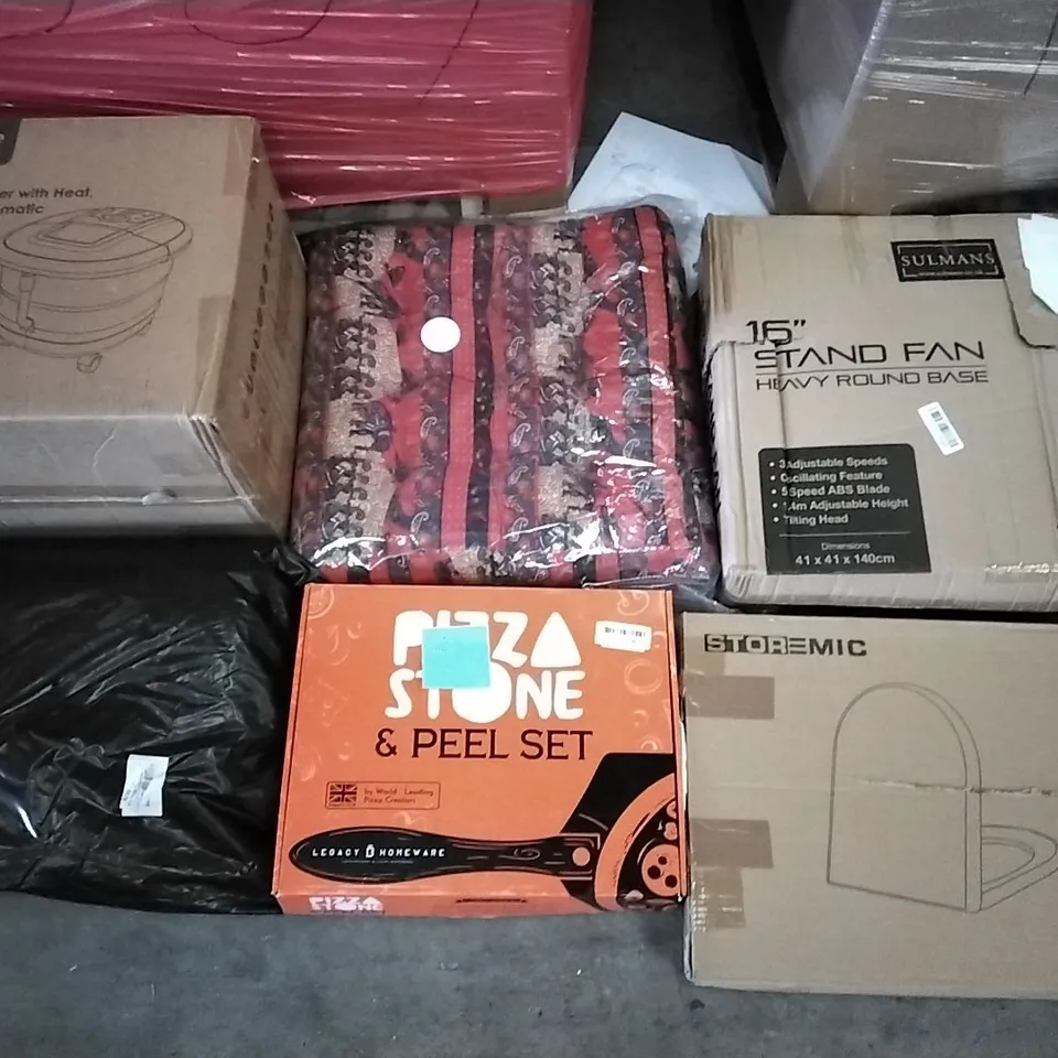 PALLET OF ASSORTED ITEMS STOREMIC TOILET SEAT, MAXKARE FOOT SPA MASSAGER, LEGACY HOMEWARE PIZZA STONE & PEEL SET, SULMANS STAND FAN, THE HEPA AIR PURIFIER, SUNDEE TOILET SEAT 