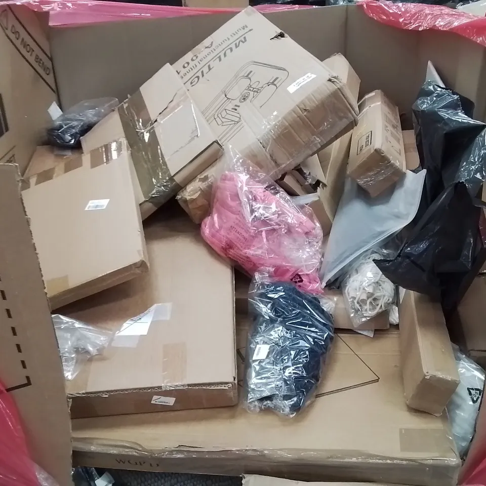 PALLET OF ASSORTED HOUSEHOLD GOODS AND PRODUCTS TO INCLUDE; SCOOTER, INDOOR GRILL, WELLIES, BOXED FURNITURE ETC