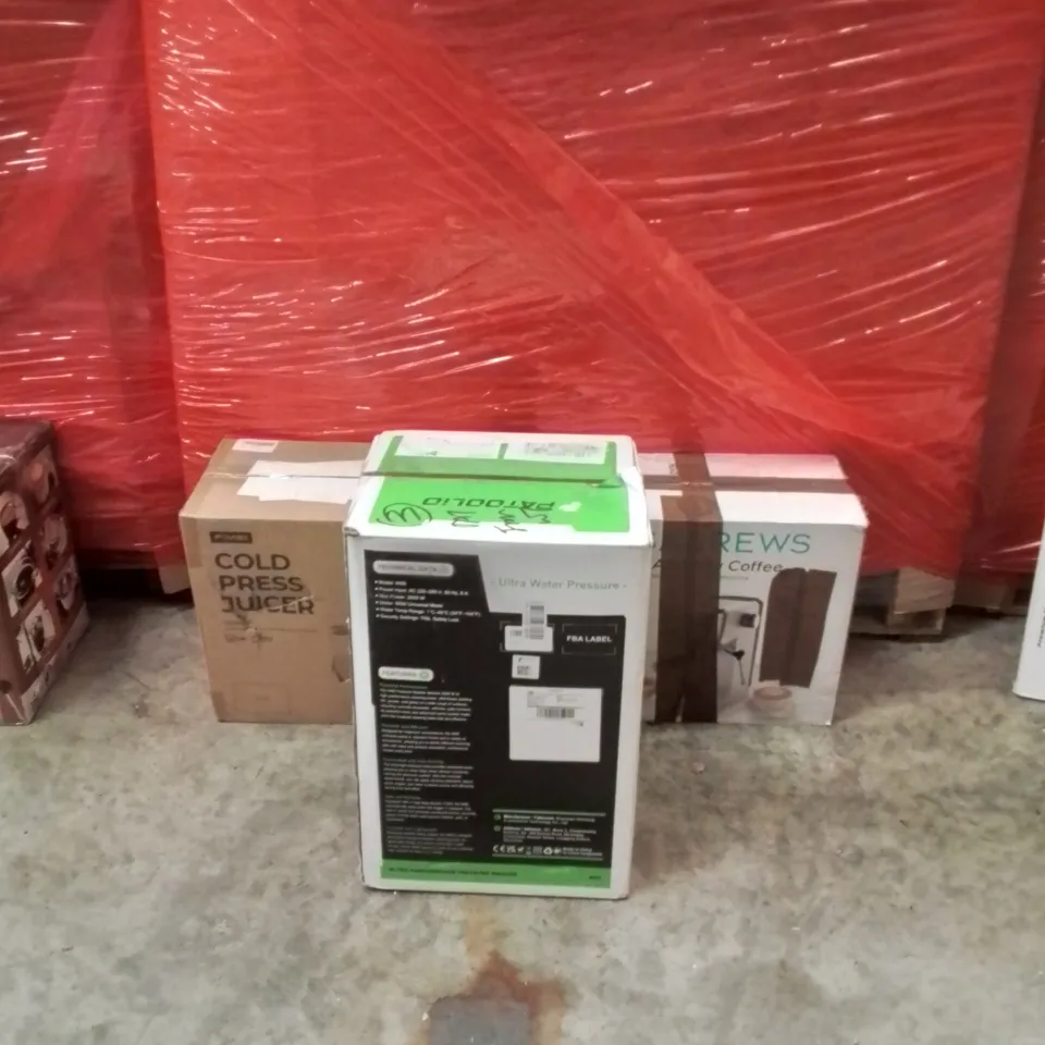 PALLET OF ASSORTED HOUSEHOLD GOODS AND PRODUCTS TO INCLUDE;COLD PRESS JUICER,PRESSURE WASHER,COFFEE MAKER 