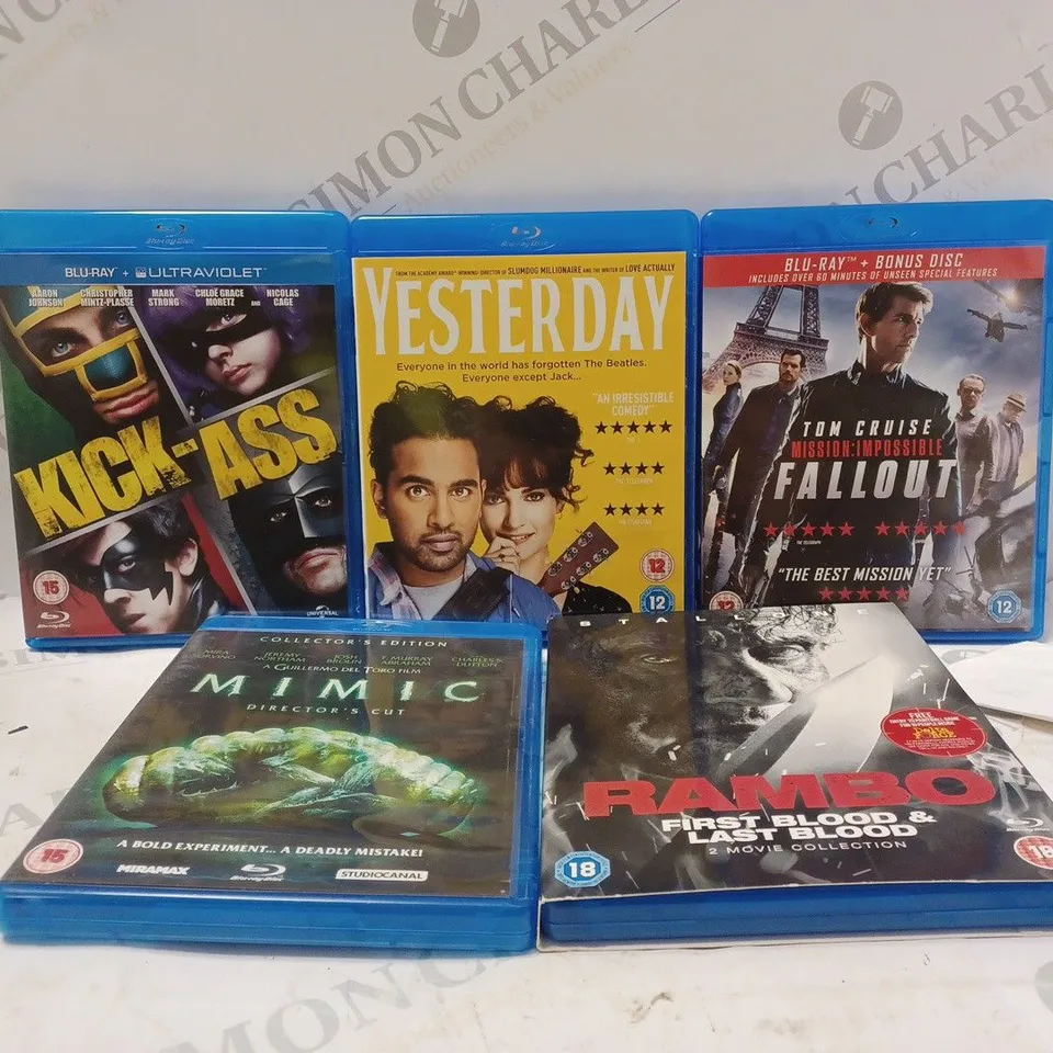 BOX OF APPROX 25 ASSORTED ITEMS TO INCLUDE - BLUE RAY KICK ASS - BLUE RAY TOM CRUISE FALLOUT - BLUERAY YESTERDAY DVD ECT