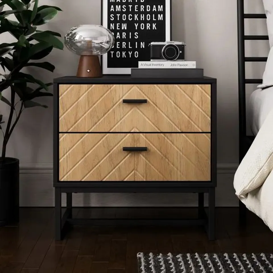 BOXED NIXON WIDE 2 DRAWER BEDSIDE TABLE, BLACK & OAK EFFECT (1 BOX)